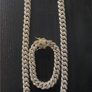 Gold Chain Icy Diamond Miami Cuban 22in 12mm and Matching Diamond Bracelet Set